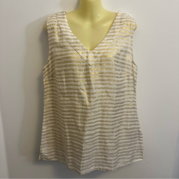 Saint Tropez West Tops - Saint Tropez West Metallic Gold and Cream Stripe Linen Top